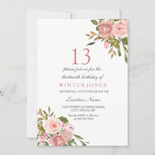 Pink Rose Gold Flowers 13th Birthday Party Invite