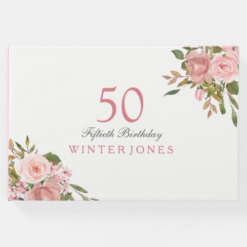 Pink Rose Gold Flowers 50th Birthday Party Guest Book