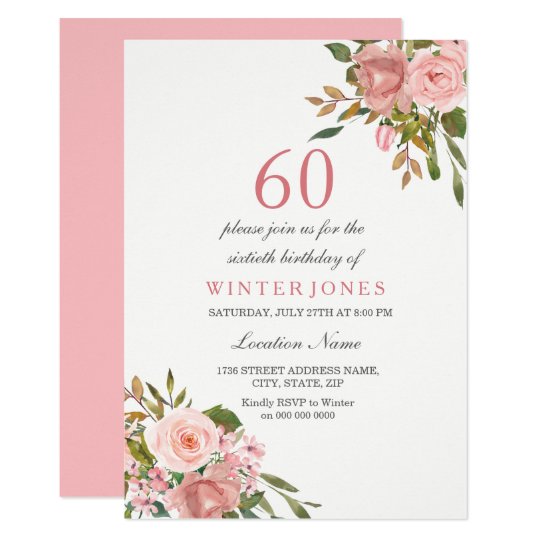 Pink Rose Gold Flowers 60th Birthday Party Invite | Zazzle.com