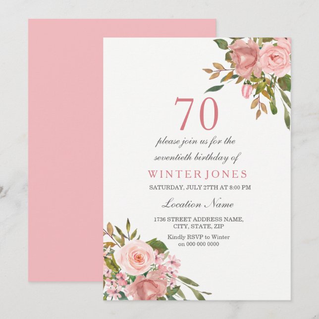 Pink Rose Gold Flowers 70th Birthday Party Invite (Front/Back)