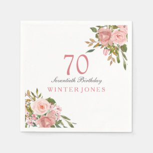 Pink Rose Gold Flowers 70th Birthday Party Napkins