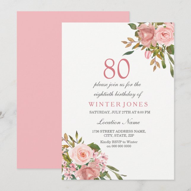 Pink Rose Gold Flowers 80th Birthday Party Invite (Front/Back)