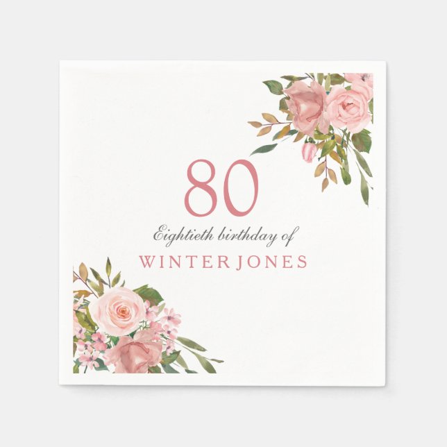 Pink Rose Gold Flowers 80th Birthday Party Napkins (Front)