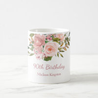 Pink Rose Gold Flowers 90th Birthday Party Gift Coffee Mug