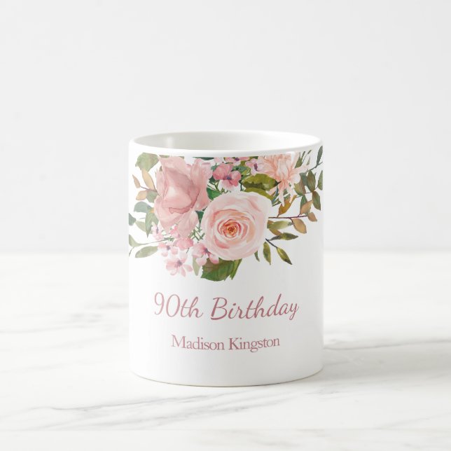 Pink Rose Gold Flowers 90th Birthday Party Gift Coffee Mug (Center)