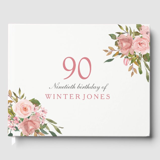 Pink Rose Gold Flowers 90th Birthday Party Guest Book (Front)
