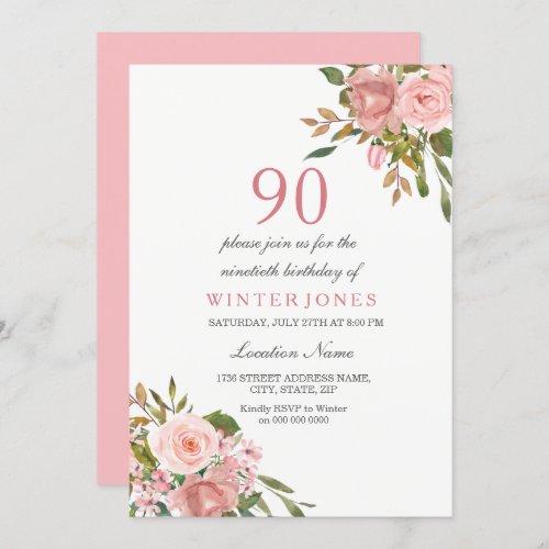 Pink Rose Gold Flowers 90th Birthday Party Invite