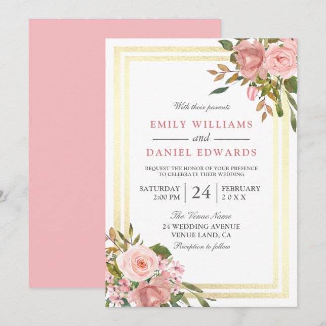 Pink Rose Gold Flowers Double Border Wedding Invitation (Front/Back)