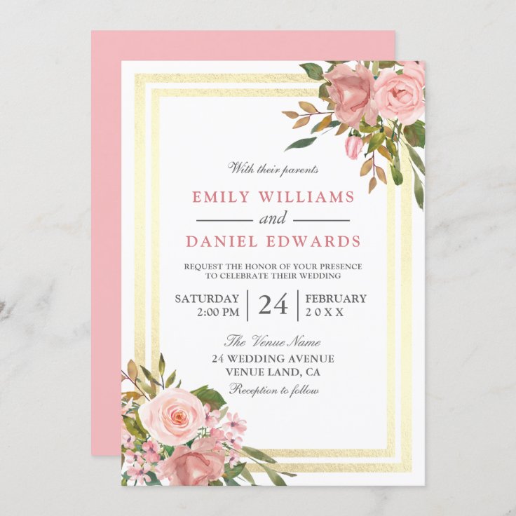 Pink Rose Gold Flowers Double Border Wedding Invitation | Zazzle