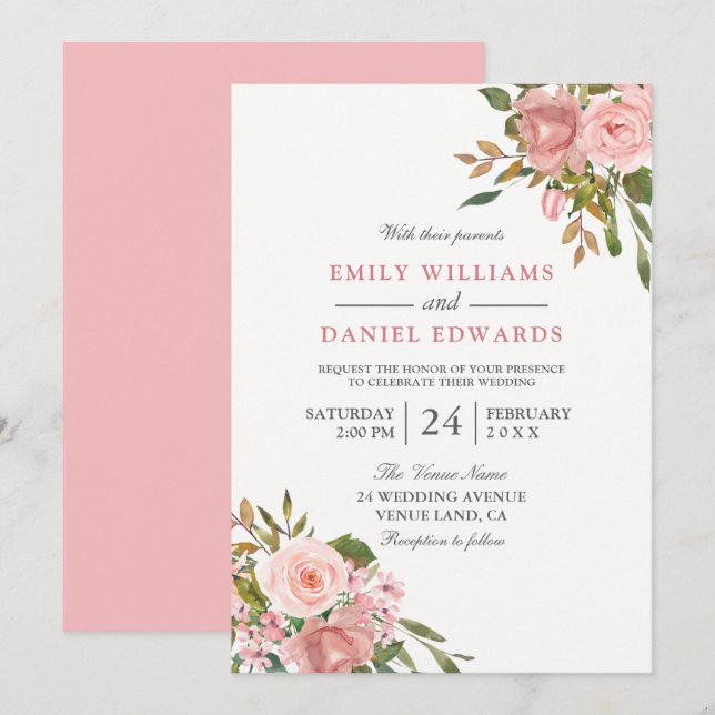 Pink Rose Gold Flowers Elegant Wedding Invite (Front/Back)