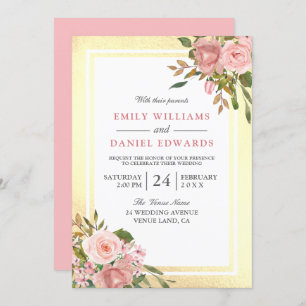 Pink Rose Gold Flowers Golden Border Wedding Invitation
