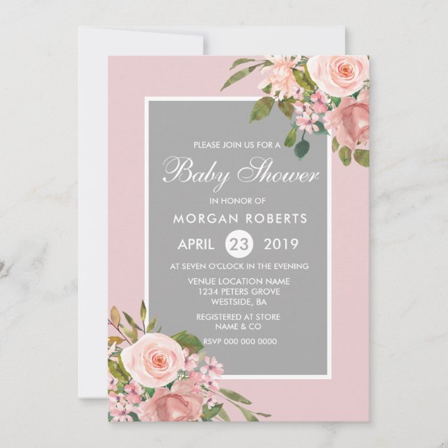 Pink Rose Gold Flowers Gray Baby Shower Invite (Front)
