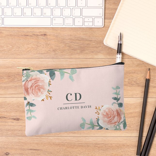 Pink rose gold flowers greenery name monogram accessory pouch (Creator Uploaded)