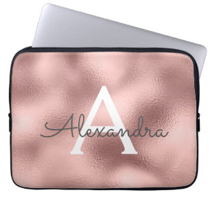 Pink Rose Gold Foil and Sparkle Monogram Laptop Sleeve