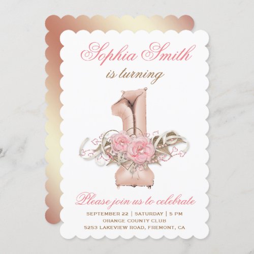 Pink Rose Gold Foil Balloon First Birthday Invite