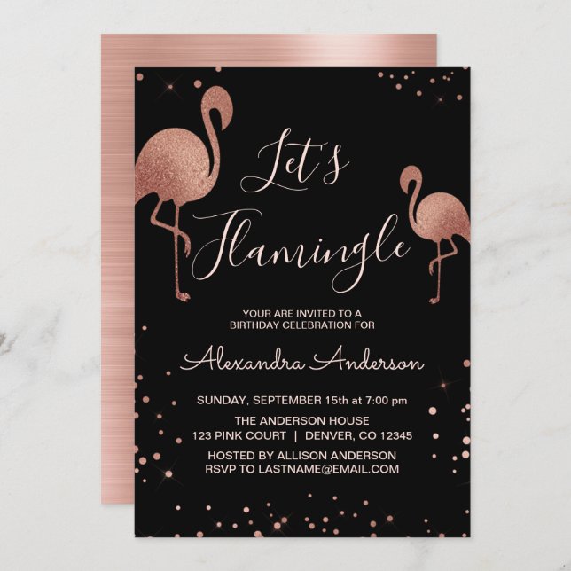 Pink Rose Gold Foil Let's Flamingle  - Flamingo Invitation (Front/Back)