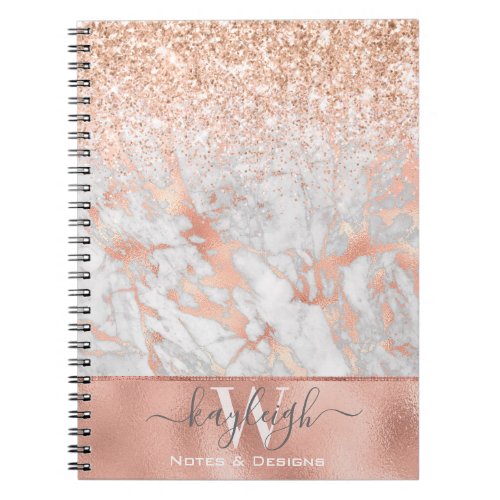 Pink Rose Gold Foil Marble Glitter Monogrammed Notebook