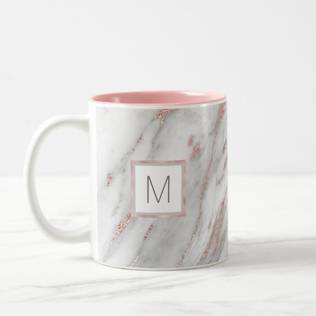 Pink Rose Gold Foil Marble Gray MONOGRAM Two-Tone Coffee Mug (Left)