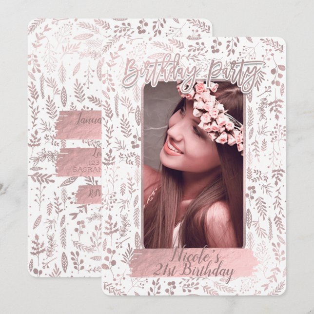 Pink Rose Gold Foil Modern Birthday Party Photo Invitation (Front/Back)