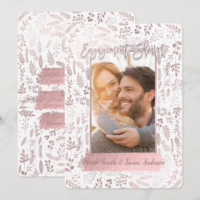 Pink Rose Gold Foil Modern Engagement Shower Photo Invitation (Front/Back)