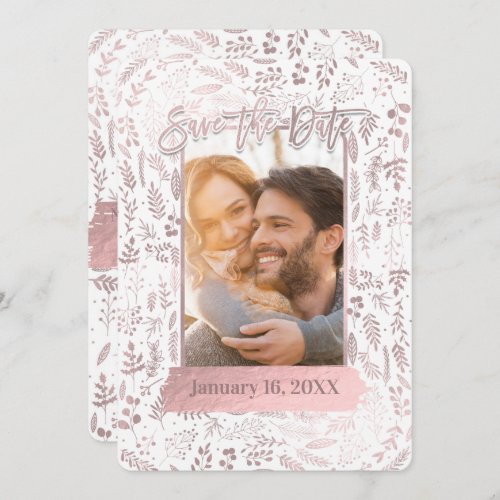 Pink Rose Gold Foil Modern Save the Date Photo Invitation
