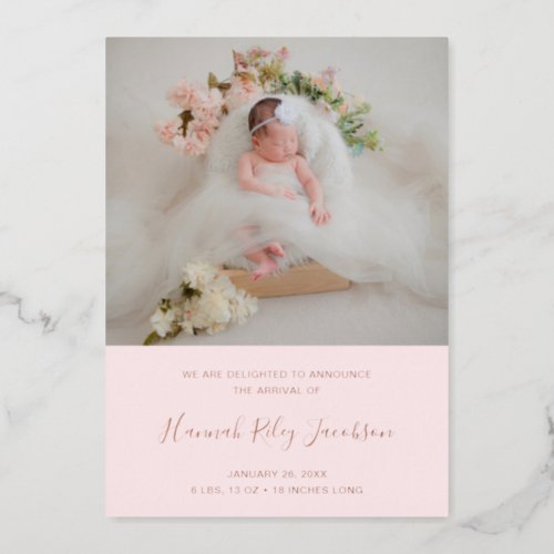 Pink Rose Gold Foil Photo Girl Birth Announcement