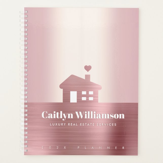 Pink Rose Gold Foil Real Estate Broker Agent House Planner (Front)
