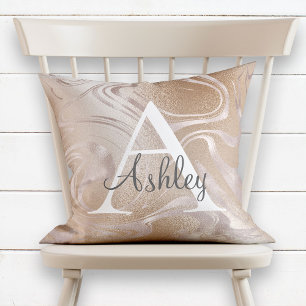 Pink Rose Gold Foil Sparkle Marble Monogram Name Throw Pillow