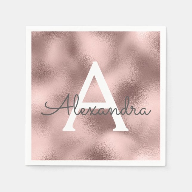 Pink Rose Gold Foil & Sparkle Monogram Birthday Napkins (Front)