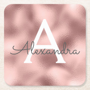 Pink Rose Gold Foil & Sparkle Monogram Birthday Square Paper Coaster