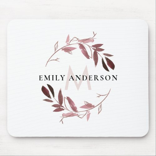 PINK ROSE GOLD FOLIAGE WATERCOLOR WREATH MONOGRAM MOUSE PAD