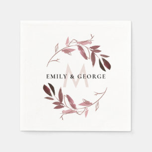 PINK ROSE GOLD FOLIAGE WREATH MONOGRAM WEDDING NAPKINS