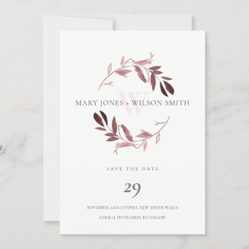PINK ROSE GOLD FOLIAGE WREATH SAVE THE DATE CARD