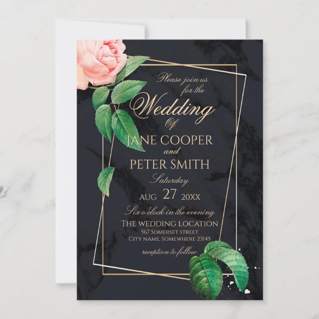 Pink rose & gold frame floral Wedding Invitation (Front)