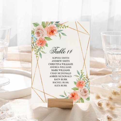 Pink Rose  Gold Frame Wedding Seating Chart Cards