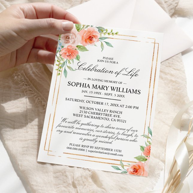 Pink Rose & Gold Funeral Celebration of Life  Invitation (Creator Uploaded)