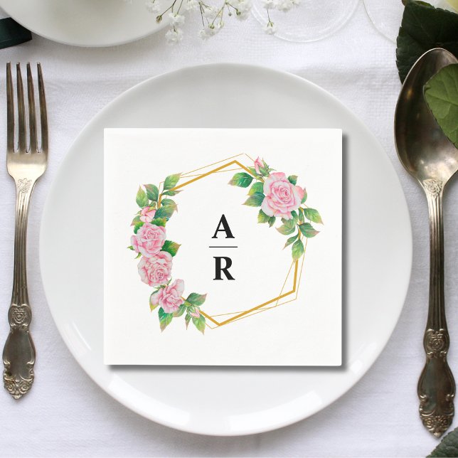 Pink Rose Gold Geometric Frame Wedding Monogram  Napkins (Creator Uploaded)