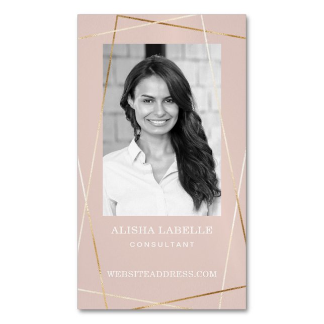 Pink Rose & Gold Geometric Photo Layout & Monogram Business Card Magnet (Front Vertical)