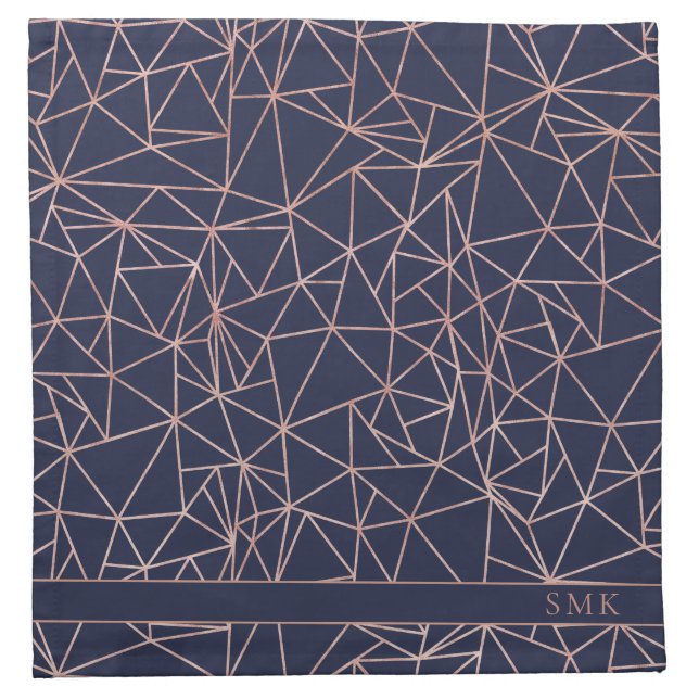 Pink Rose Gold Geometric Polygon on Navy Blue Cloth Napkin (Front)