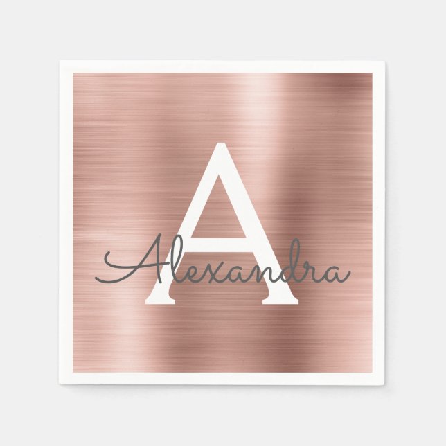 Pink Rose Gold Girly Foil Monogram Birthday Napkins (Front)
