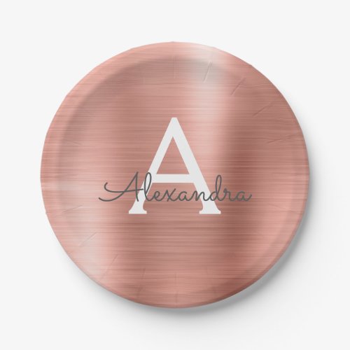 Pink Rose Gold Girly Metallic Monogram Birthday Paper Plates