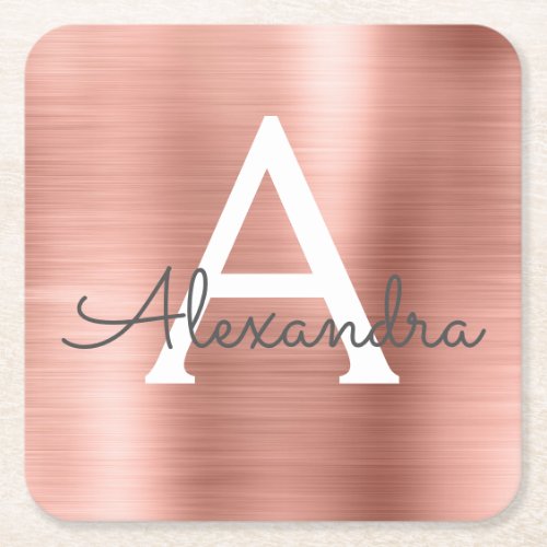 Pink Rose Gold Girly Metallic Monogram Birthday Square Paper Coaster