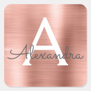Pink Rose Gold Girly Metallic Monogram Square Sticker