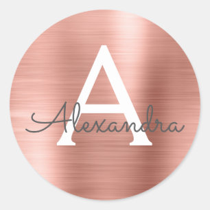 Pink Rose Gold Girly Wedding Monogram Classic Round Sticker