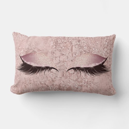Pink Rose Gold Glam Glitter Lashes Beauty Makeup Lumbar Pillow