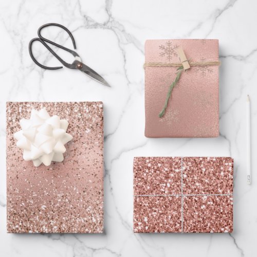 Pink Rose Gold Glam Glitter Snowflake   Wrapping Paper Sheets