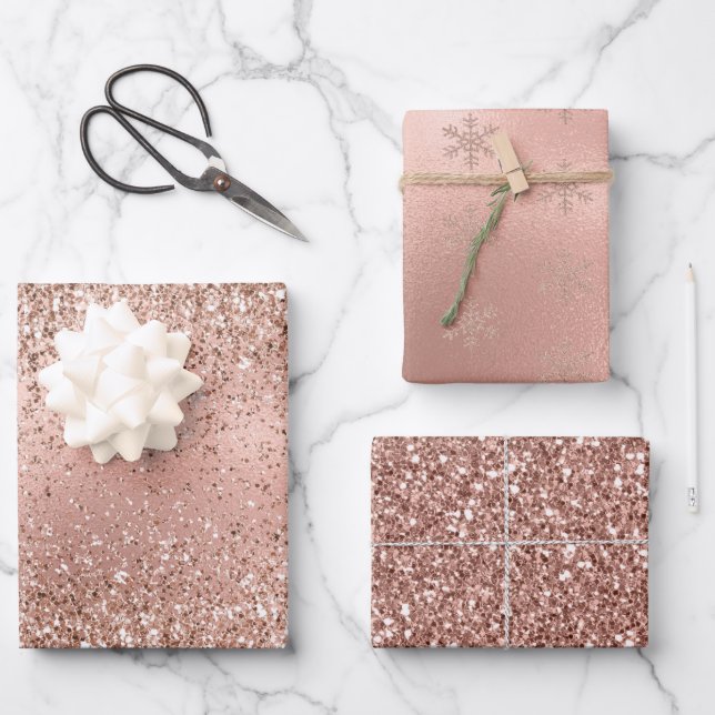 Pink Rose Gold Glam Glitter Snowflake   Wrapping Paper Sheets (Front)
