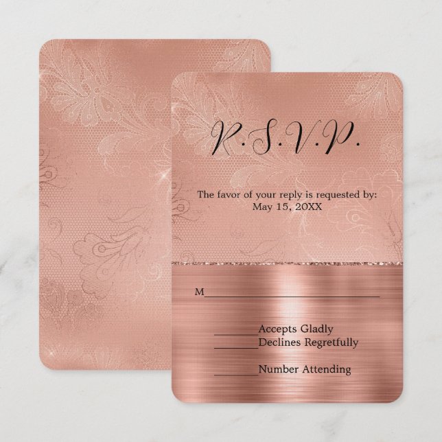 Pink Rose Gold Glam Lace Wedding RSVP (Front/Back)