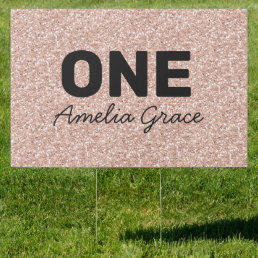 Pink Rose Gold Glitter 1st Birthday One Name Yard Sign