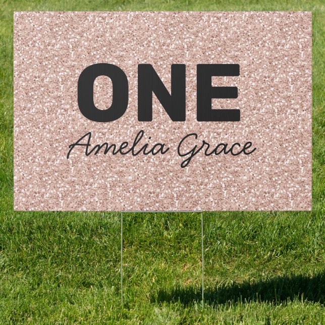 Pink Rose Gold Glitter 1st Birthday One Name Yard Sign (Insitu)